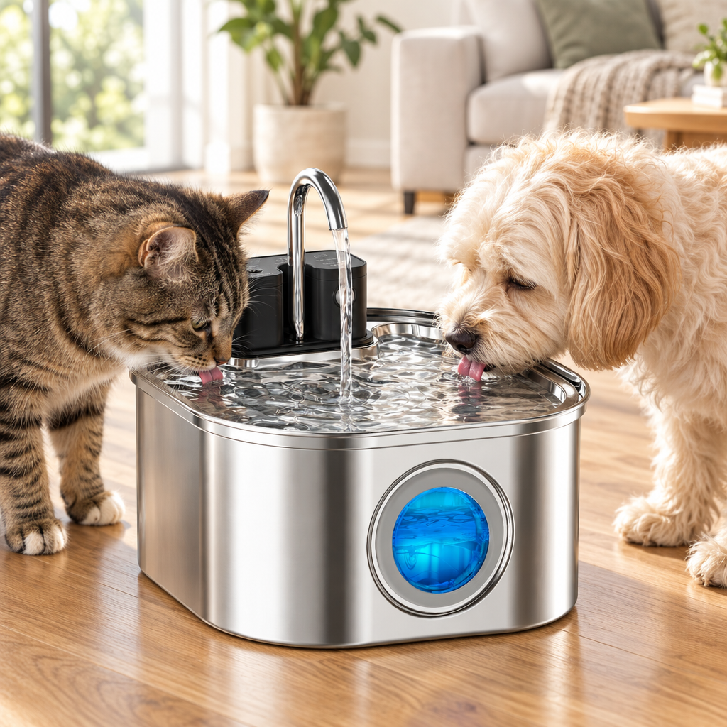 AquaFlow Steel lifestyle image with a cat and dog drinking